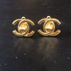 Authentic vintage CHANEL gold logo clip earrings